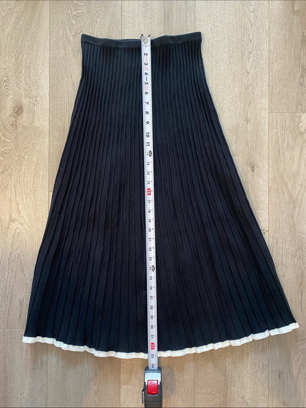 Commense Black A-Line Pleated Midi Skirt with white Trim